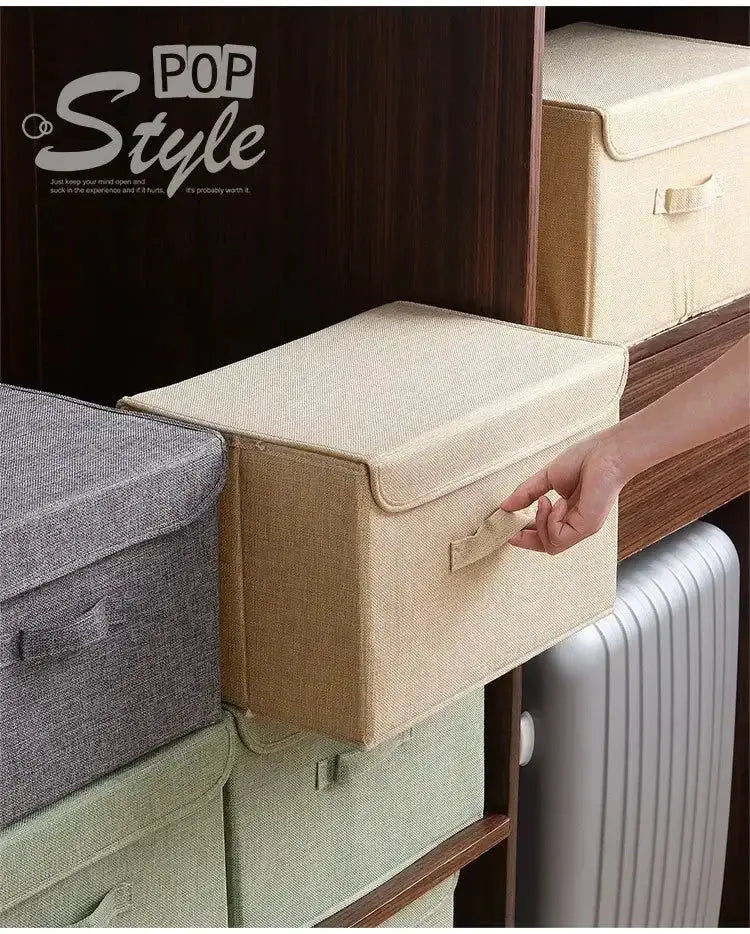 Simples Market washable cotton-linen CD storage boxes with lids; beige, gray and green foldable bins (set of 4)
