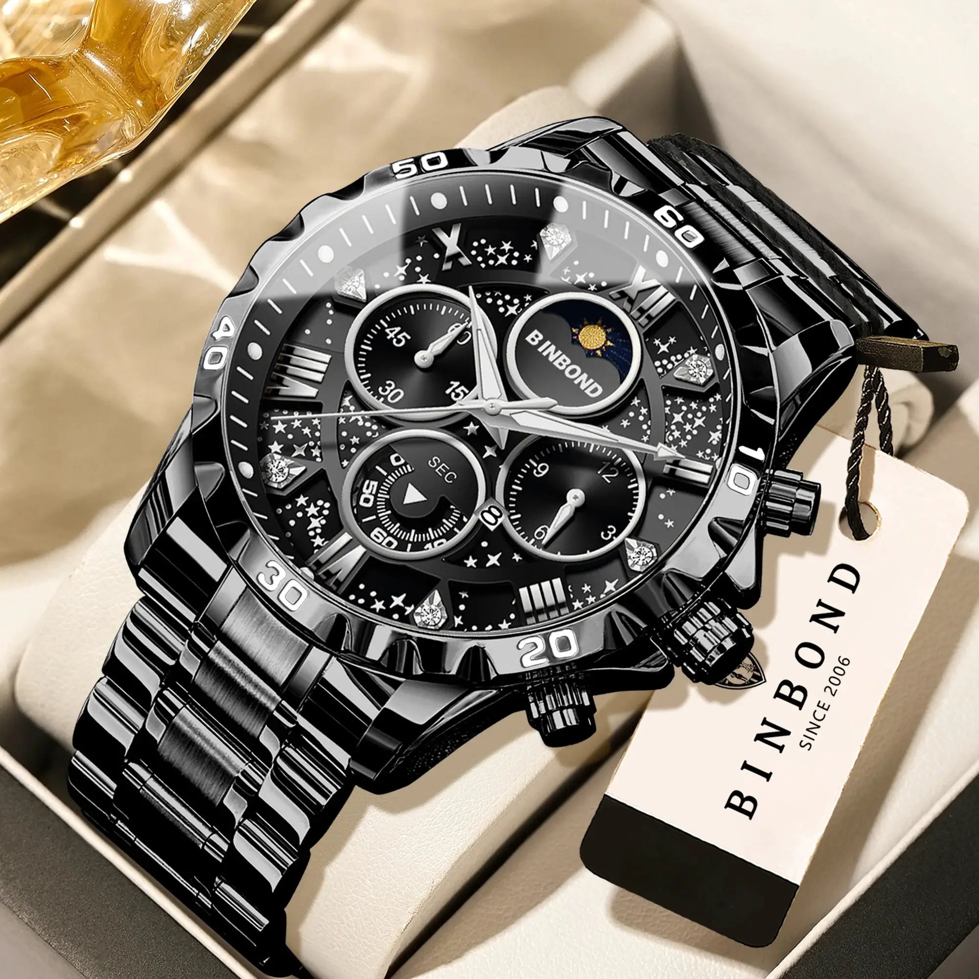 BINBOND men's stainless steel chronograph watch with black dial and luminous hands
