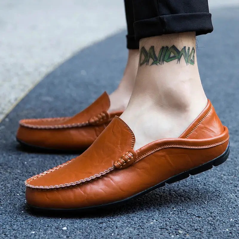 Men's genuine leather loafers in tan brown with moccasin stitching, slip-on casual shoes