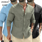 Autumn Mens Long Sleeve Cotton Shirt For Business Casual Solid Color Breathable Streetwear Button Front White