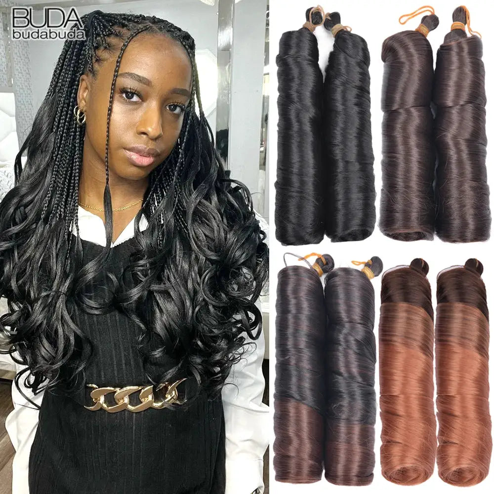 French Curls Braiding Hair 24in synthetic spiral curls by Simples Market; six bundles in black to copper; BUDA logo.