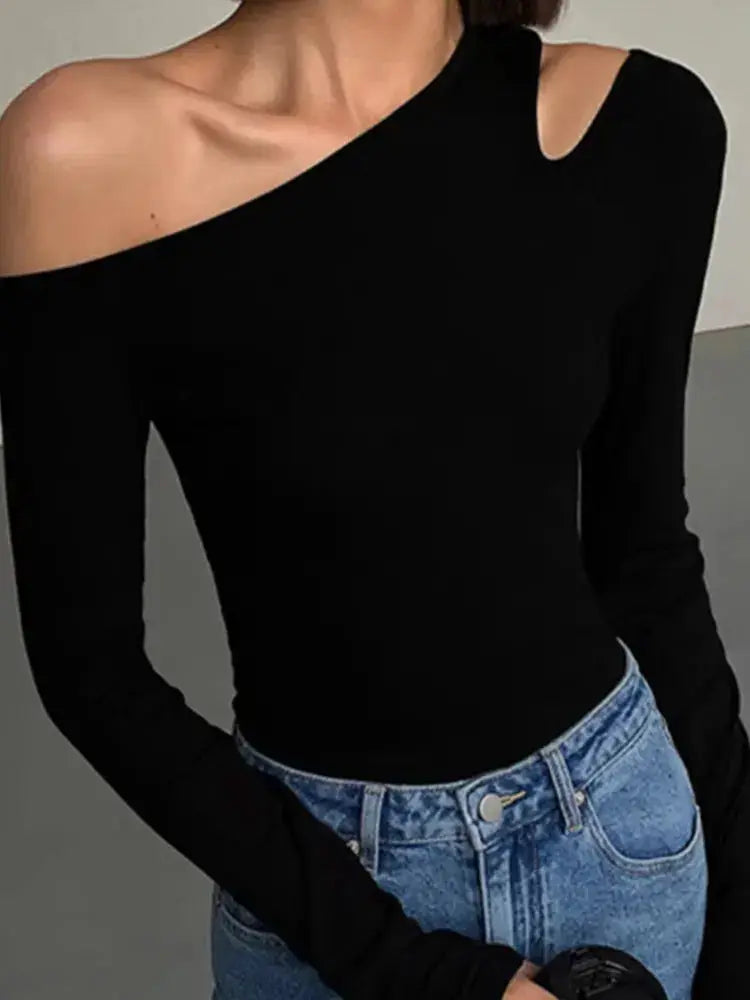 Skew Collar Off Shoulder Long Sleeve Crop Top Women Spring Solid Slim Fit Hollow Out Tee Shirt