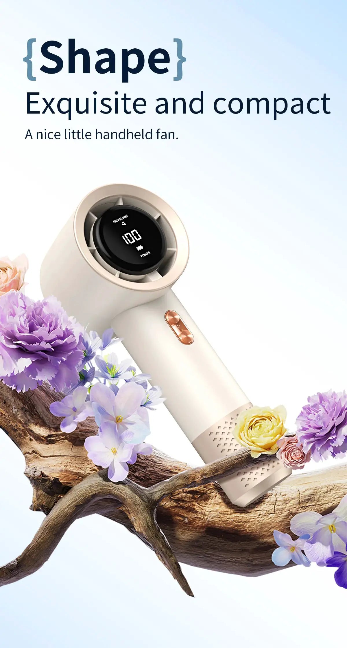 Handheld white mini portable air conditioner fan with circular black display and rose-gold control button
