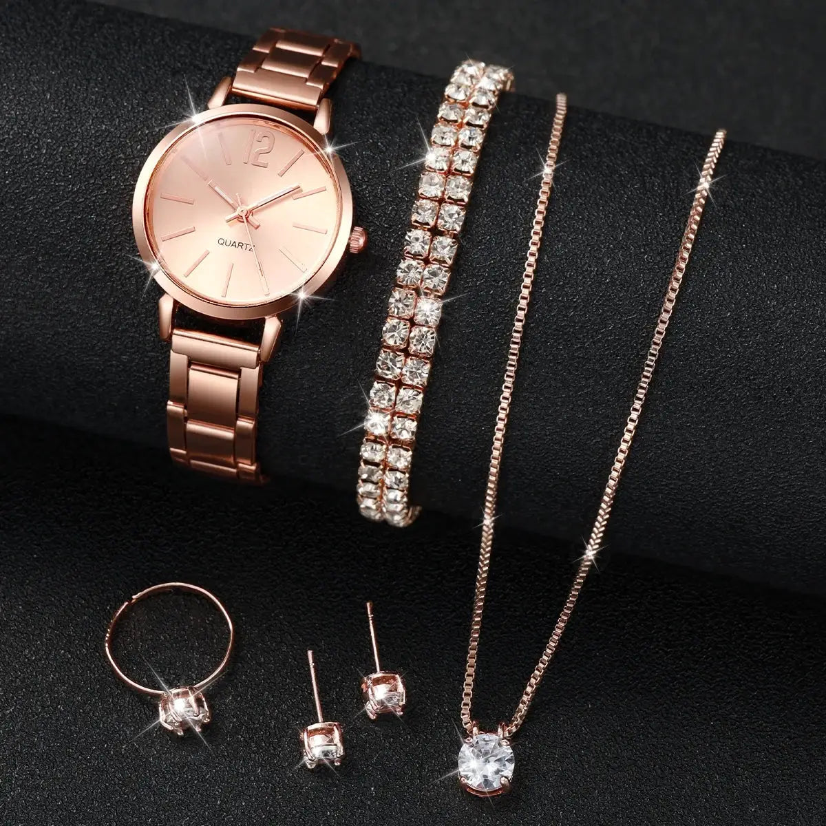 Rose-gold quartz watch jewelry set 6pc by Simples Market including bracelets, necklace, ring and stud earrings.