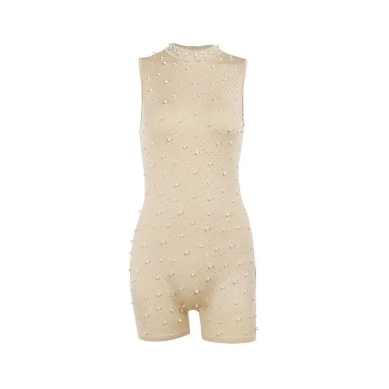 Apricot O-neck sleeveless beaded mesh jumpsuit with pearl embellishments by Simples Market