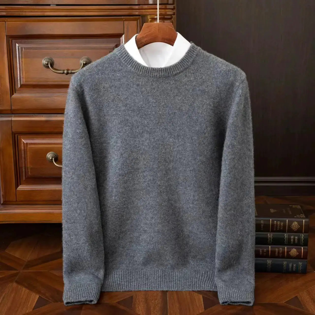 Men's gray cashmere O-neck sweater on hanger, Simples Market oversized knit pullover