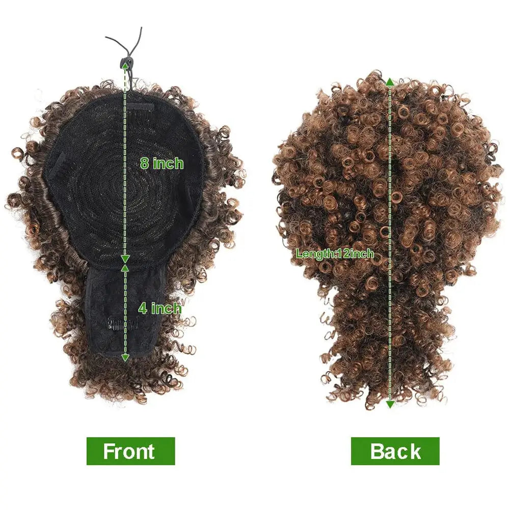 Afro Puff kinky-curly drawstring ponytail with bangs, black synthetic hair; front 8in, back 12in.