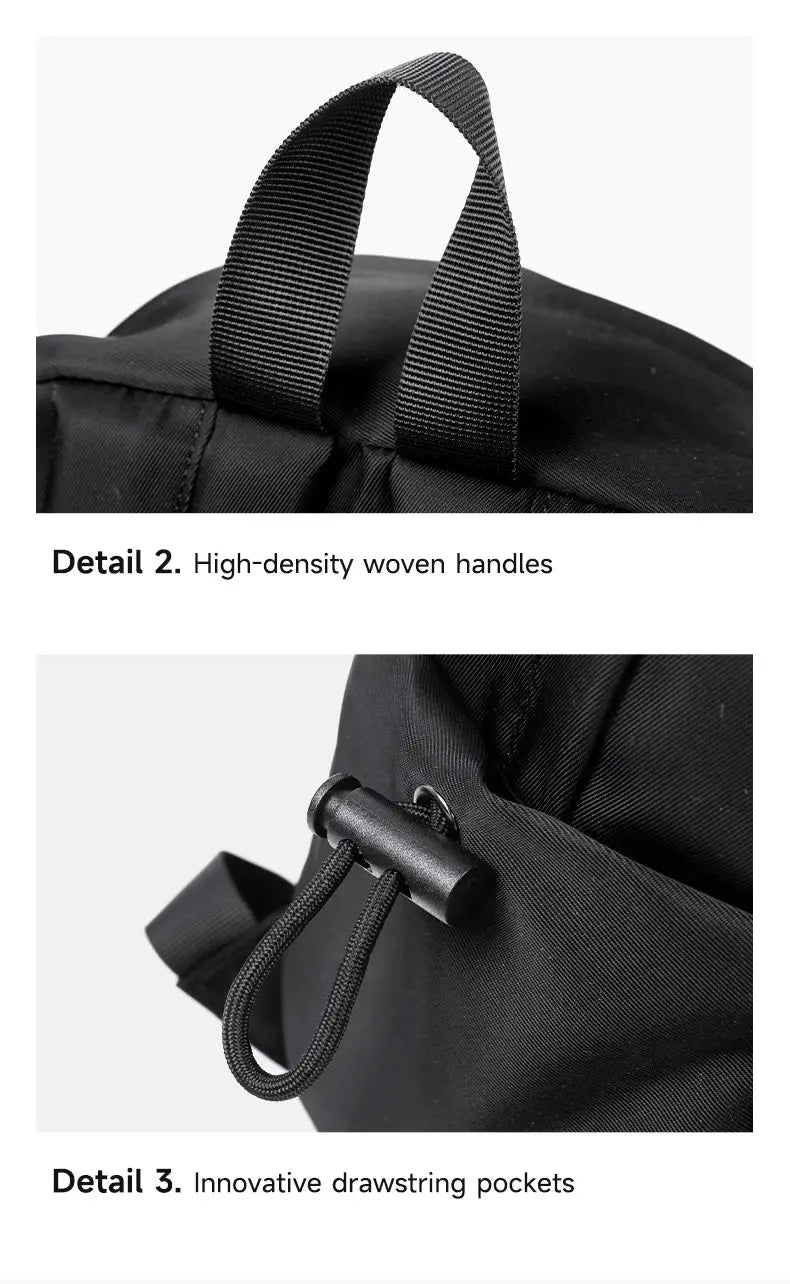 LEE Lightweight 16 Inch Laptop Backpack in black Oxford fabric with high-density woven handle and drawstring pockets