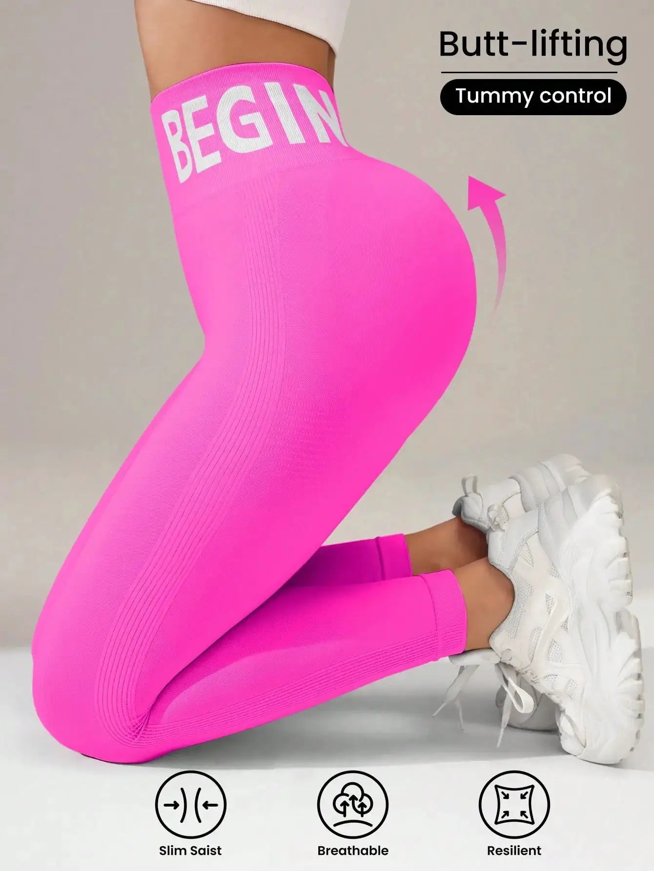 Seamless yoga leggings in hot pink with waistband lettering, butt-lifting design and breathable quick-dry fabric.