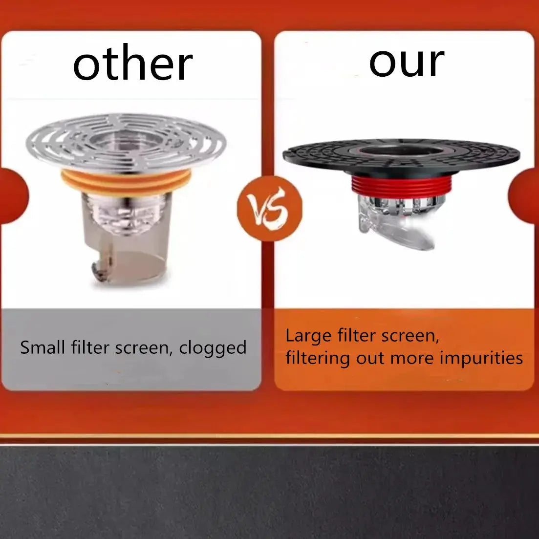 Floor drain strainer cover ABS by Simples Market; side-by-side our large filter screen vs smaller competing model.
