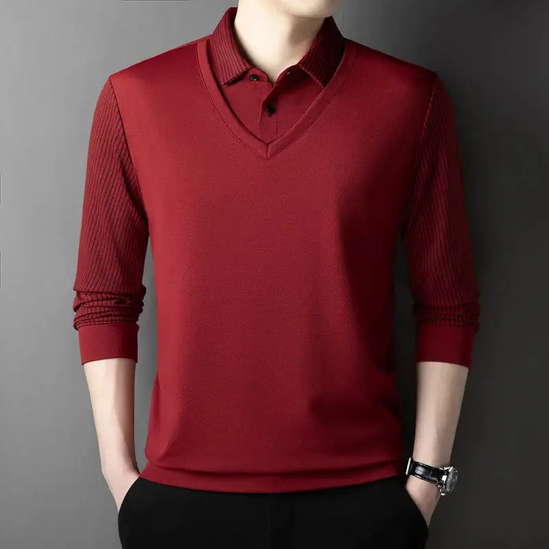 Men's red long-sleeve polo knit sweater, casual versatile top