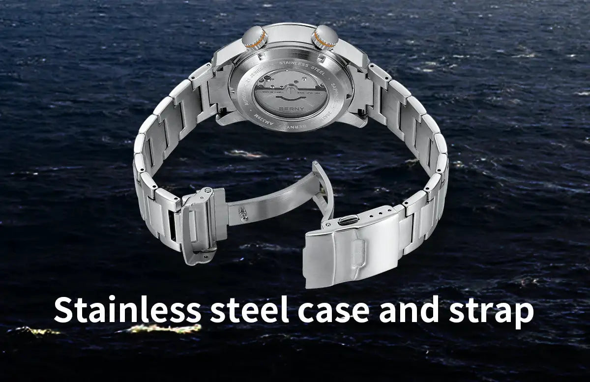 BERNY automatic dive watch for men with stainless steel case and strap, 20ATM, Simples Market