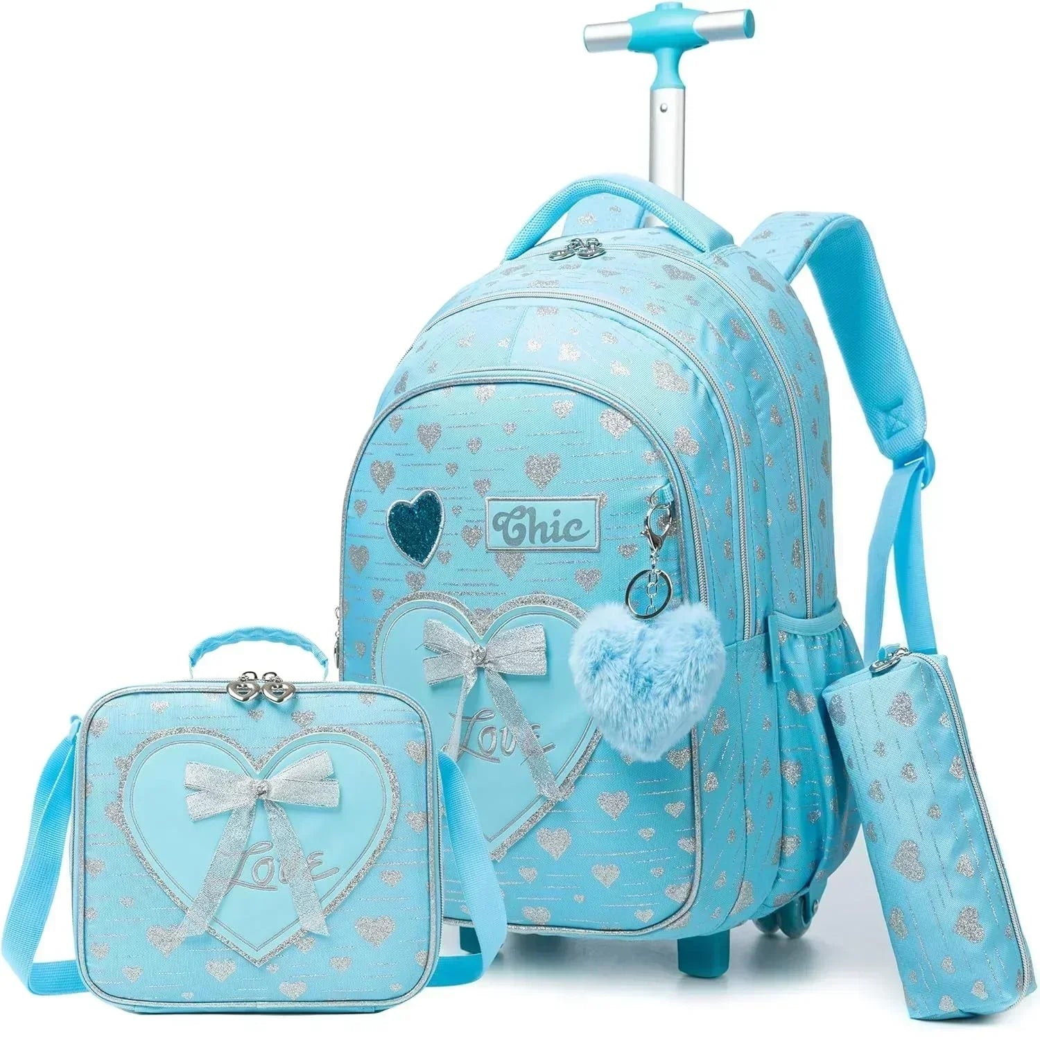 Children's blue glitter-heart 3-piece wheeled backpack set with lunch box and accessory pouch
