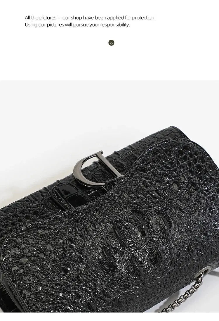 Simples Market black sequined crossbody handbag with crocodile-textured finish and silver chain.