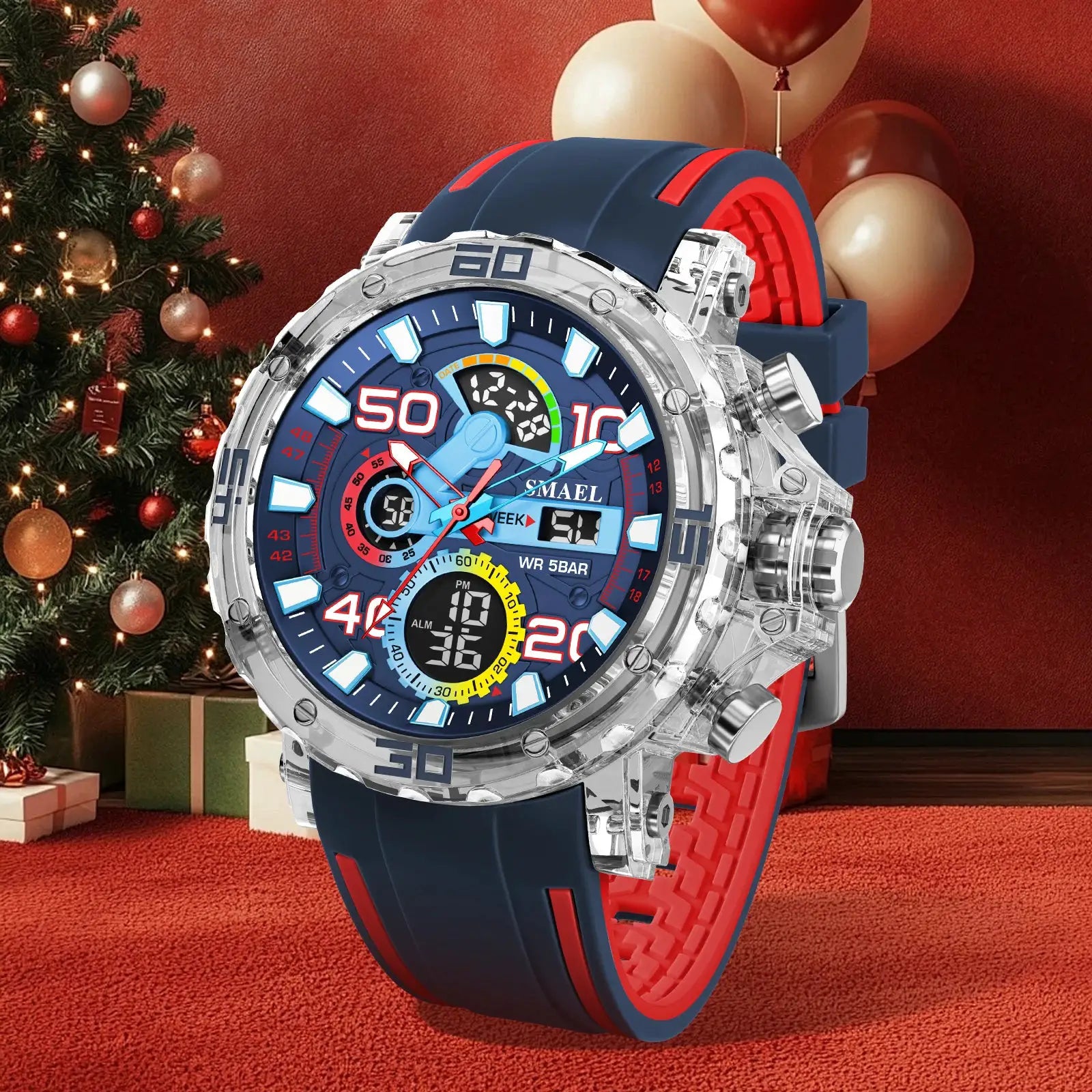 Military-style digital sport watch by Simples Market, blue dial, blue and red strap, 50M water resistant