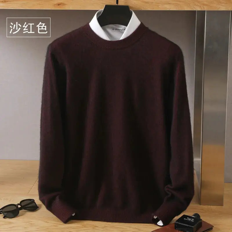 Men's 100% mink cashmere O-neck sweater by Simples Market, burgundy knit pullover.