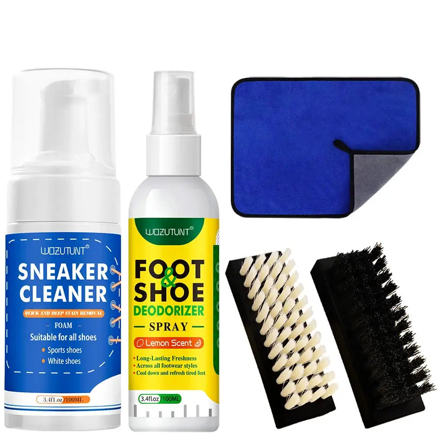 Simples Market sneaker cleaning kit with 100ml white shoe cleaner, deodorizer spray, blue mat, and two brushes