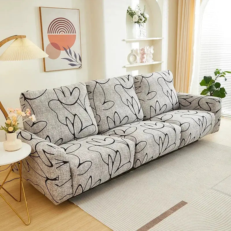 Elastic recliner sofa cover in gray with leaf-pattern print, Simples Market slipcover for living room