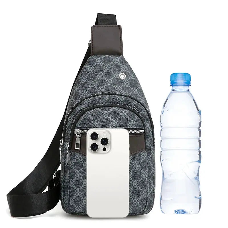 Men's crossbody messenger bag in gray patterned fabric with earphone hole and zip pockets