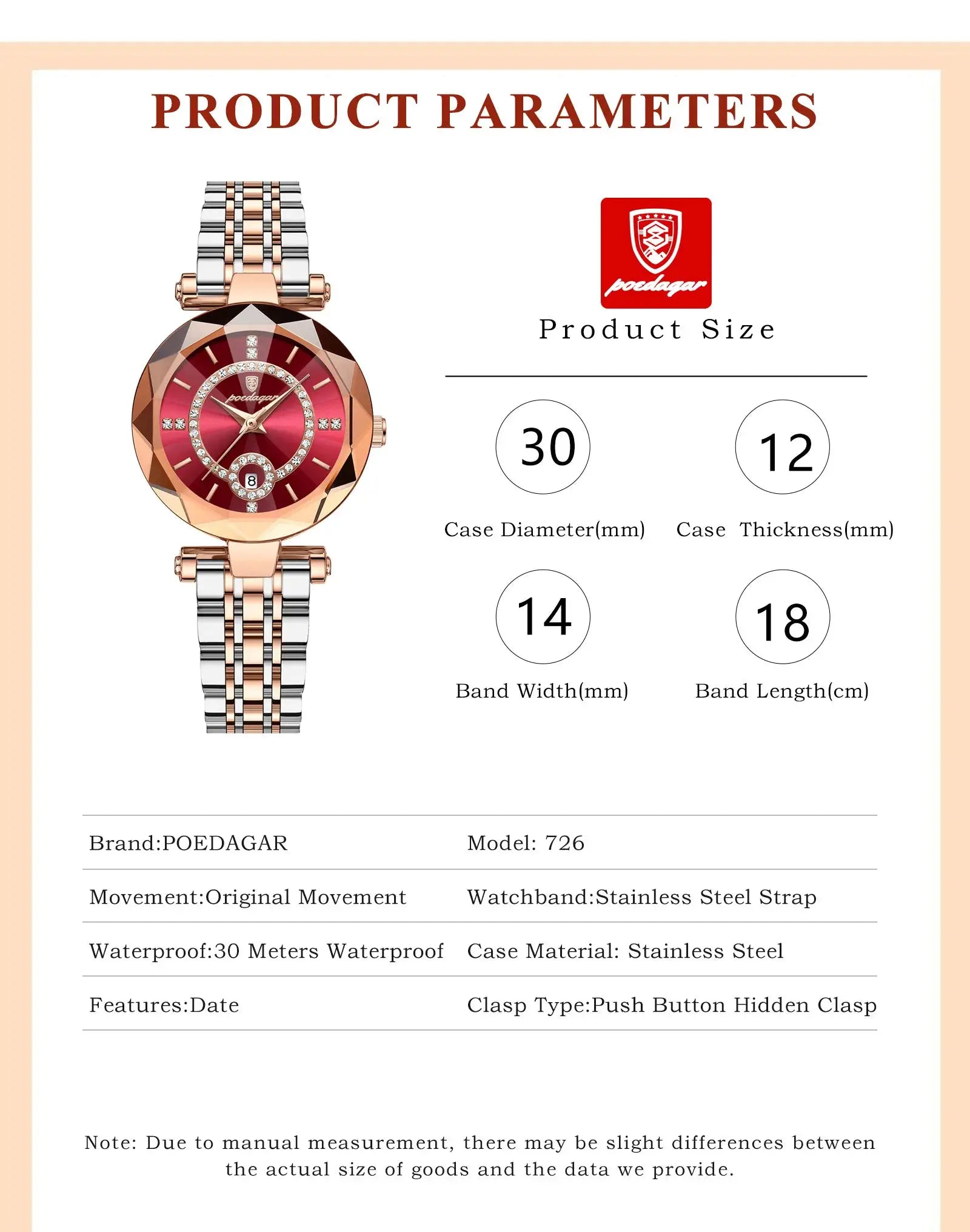 POEDAGAR women's wristwatch in rose-gold and stainless steel with diamond bezel and date window