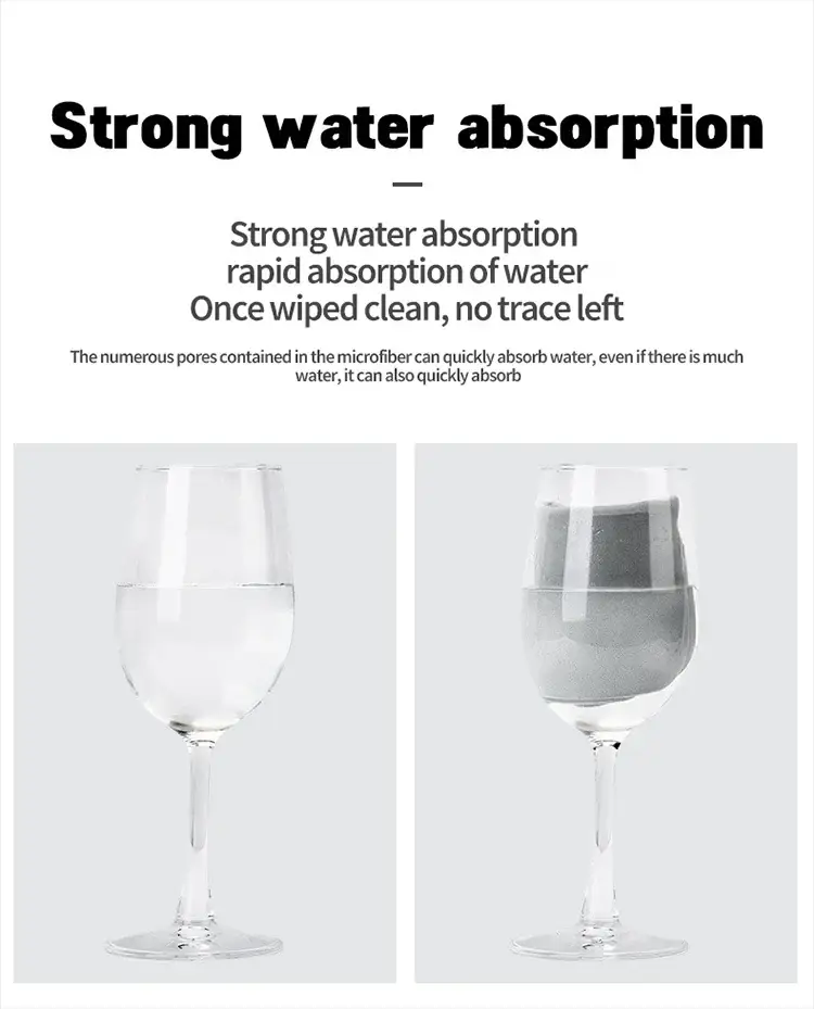Polishing cloth for Apple devices by Simples Market; infographic on strong water absorption with two wine glasses.