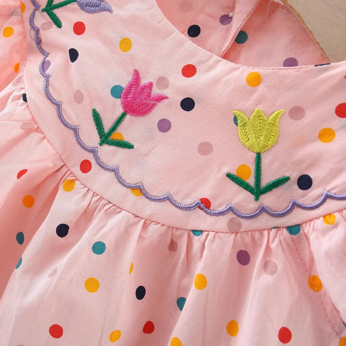 Cotton Baby Dress With Flower Embroidery And Colorful Polka Dot Print For Comfortable Summer Casual Wear