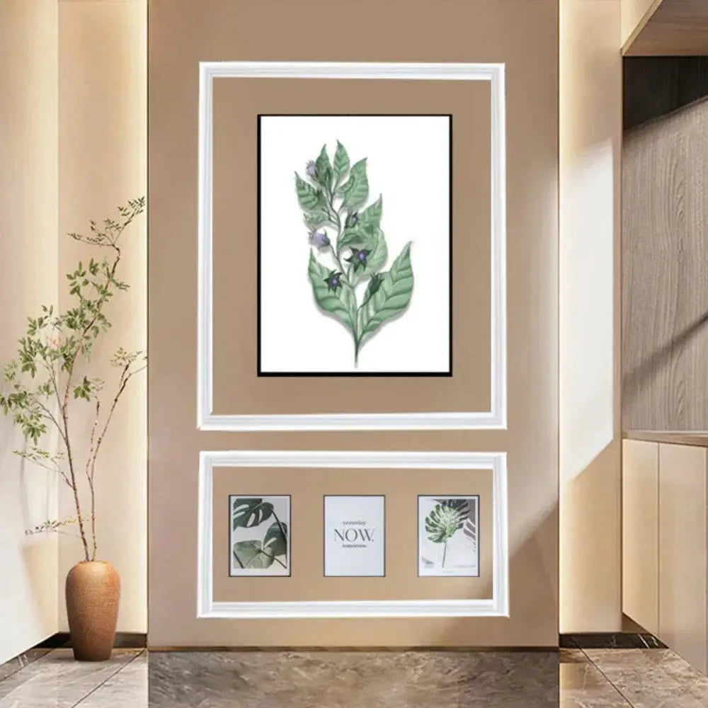 Self-adhesive PVC decorative strip by Simples Market; beige gallery wall with white moulding and botanical artwork