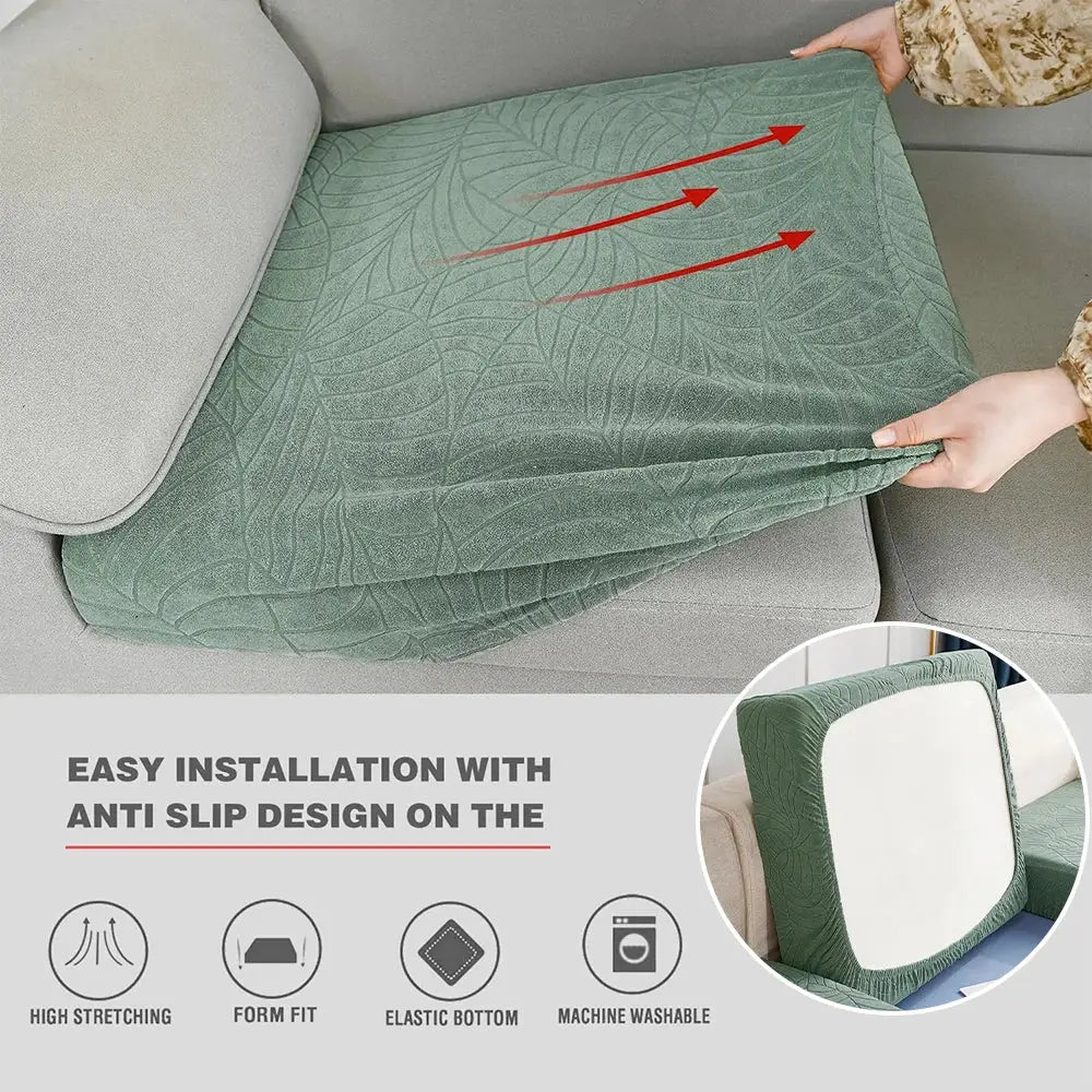 Simples Market waterproof stretch sofa cushion cover in green jacquard fabric with anti-slip design for chaise lounge