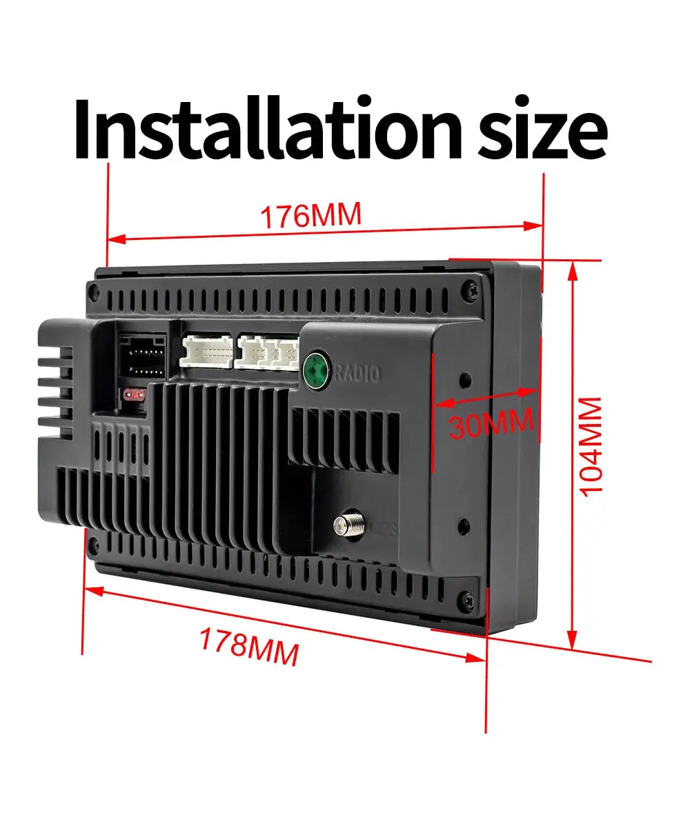 Car multimedia radio head unit by Simples Market, BQCC 4-core 2-Din, black back view with vents and connectors