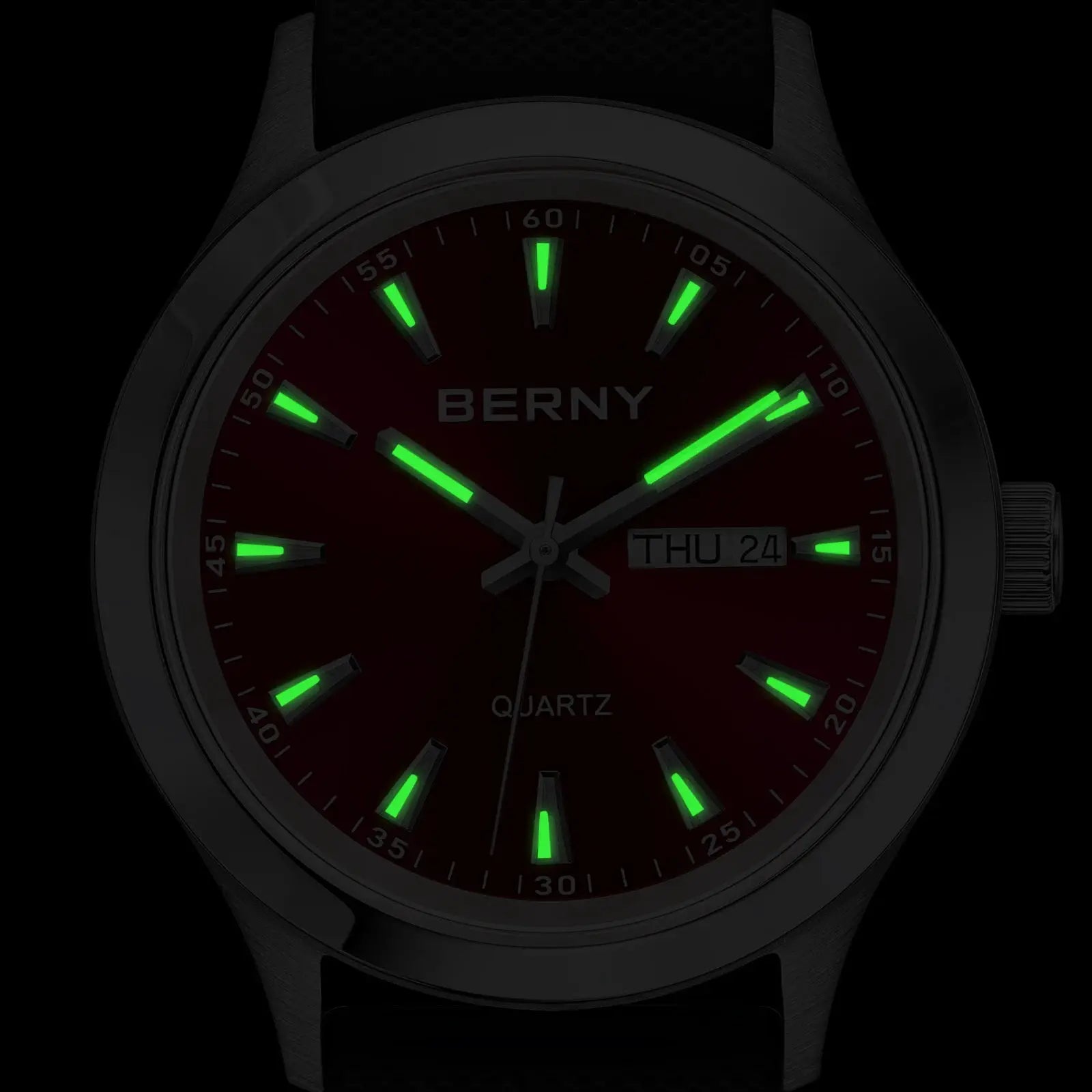 BERNY men’s quartz watch with green luminous markers, week-date calendar, stainless steel case, black silicone strap