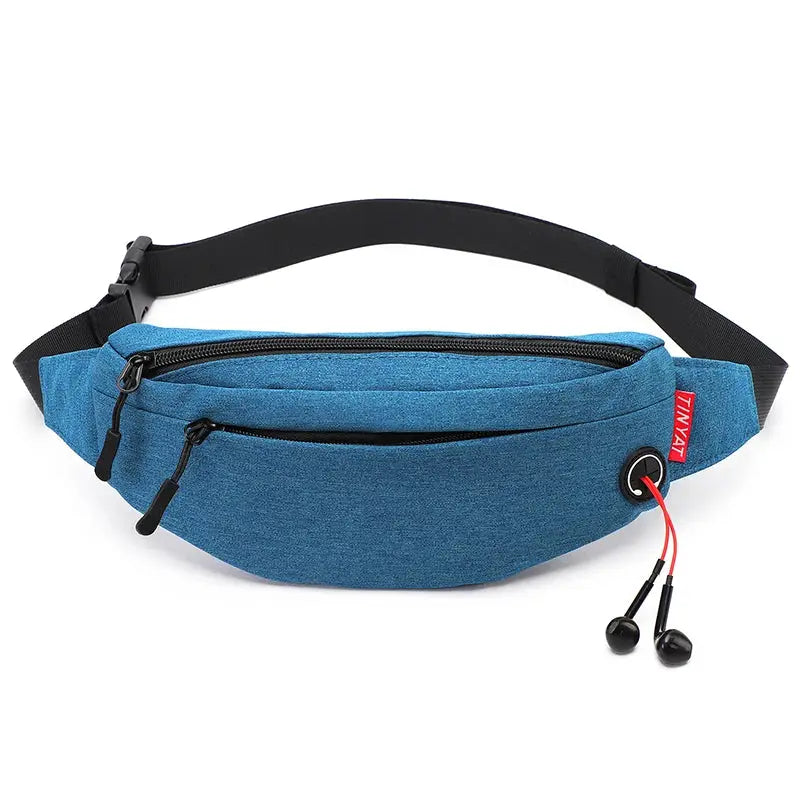 TINYAT blue waist bag with black strap and dual zippers by Simples Market