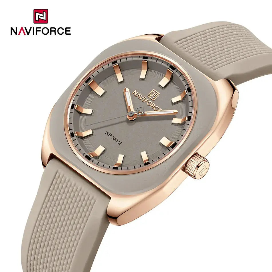 NAVIFORCE women's silicone wristwatch with gray dial and rose-gold case, beige strap