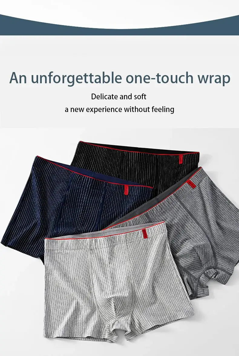 4-pack striped men's boxers in navy, black and gray with red waistband trim; soft, breathable underwear.