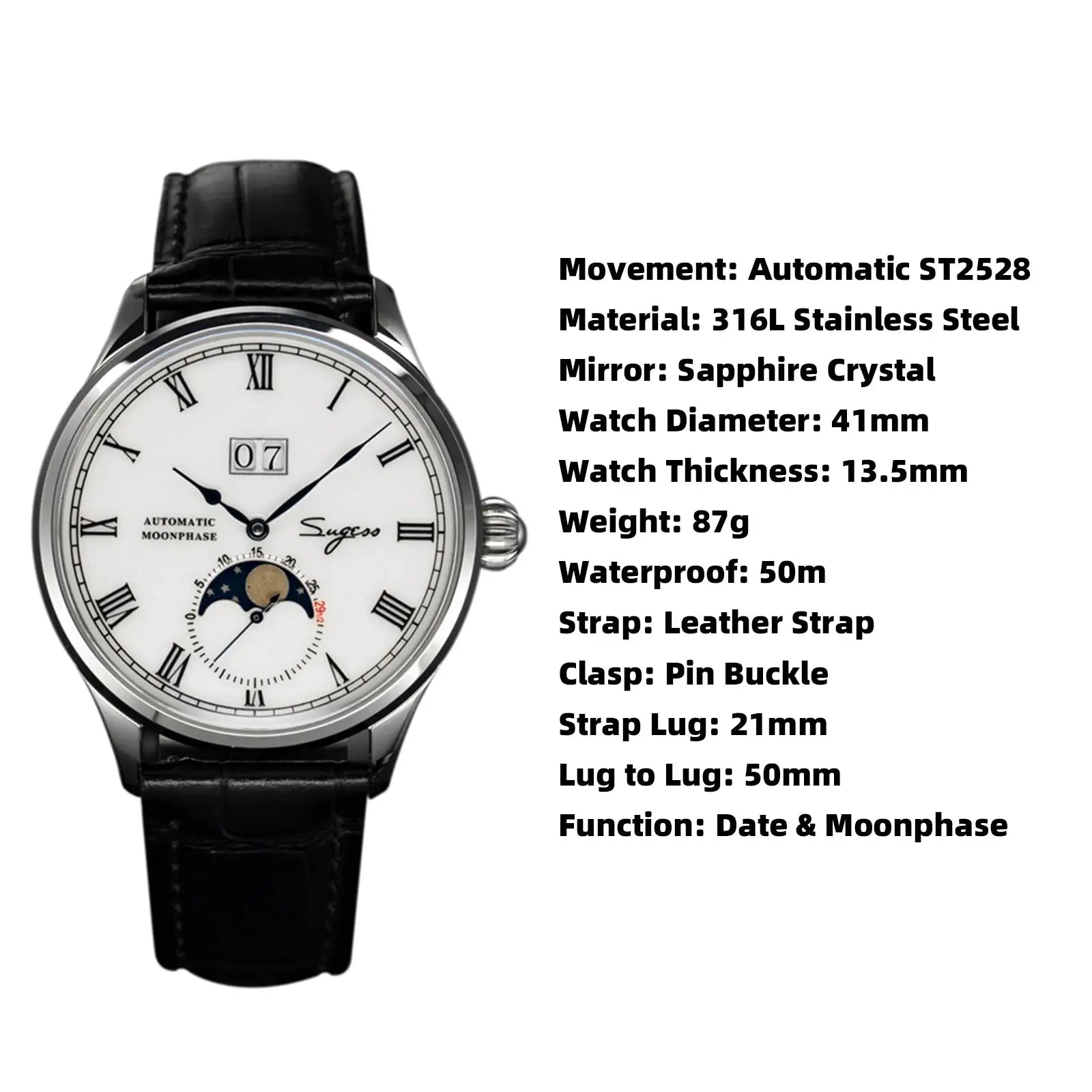 Sugess Tianjin ST25 automatic moonphase watch with white dial, Roman numerals, sapphire crystal, black leather strap