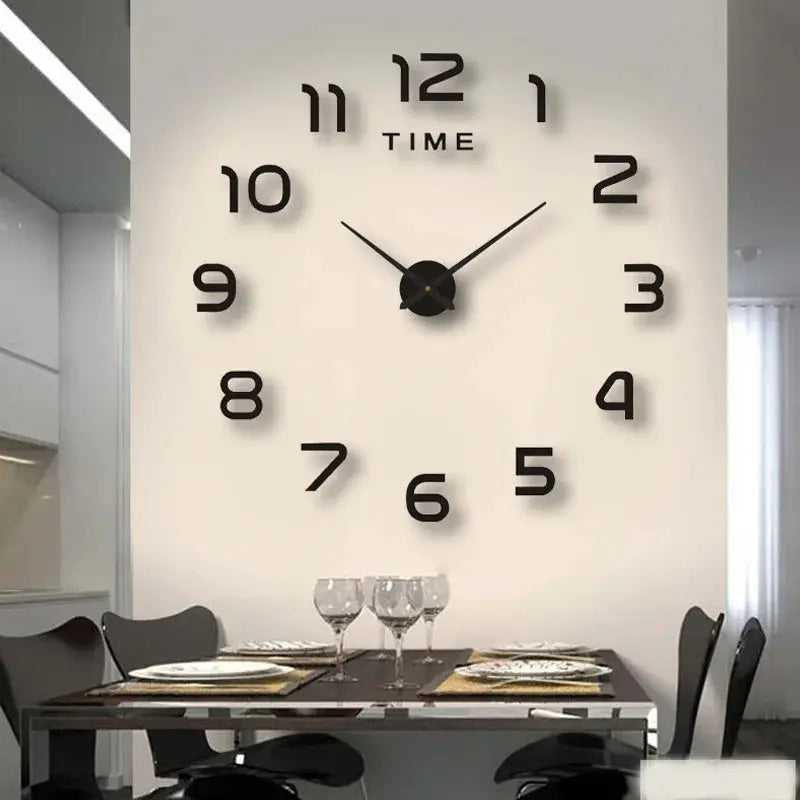 Large wall clock with bold 3D black numerals and sleek hands for living room decor.