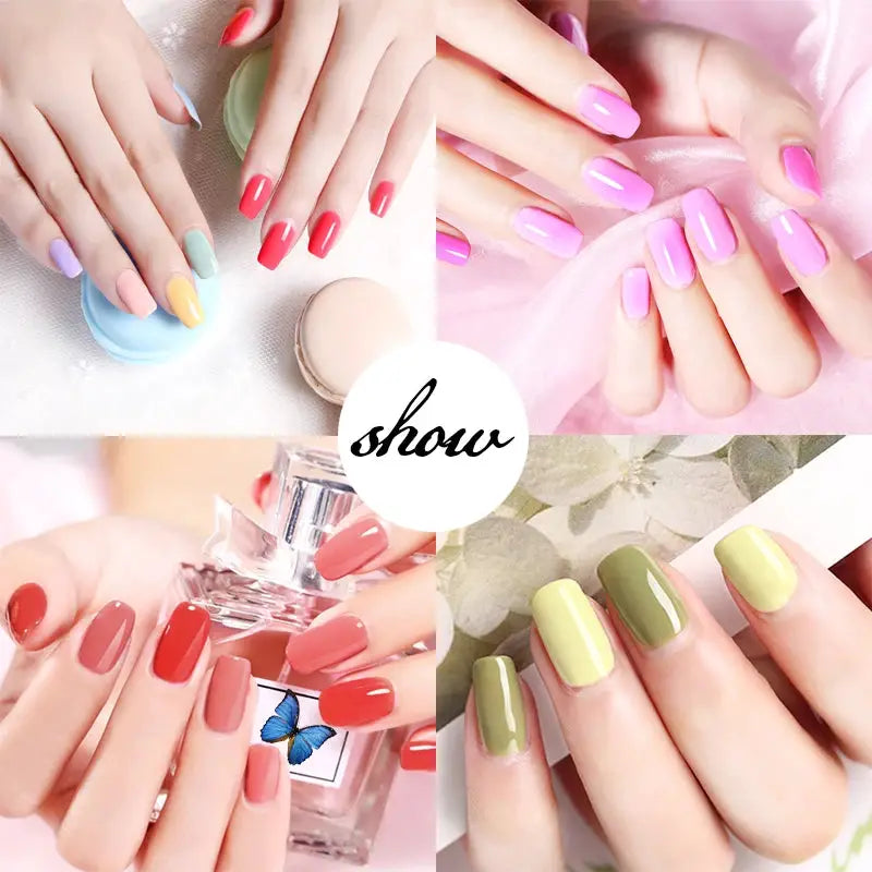 Gel Varnish Kit by Simples Market with nail lamp, base and top coats; multicolor manicured nails.