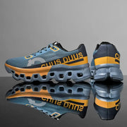 Men's off-road running shoes in blue-gray with orange accents; breathable mesh upper and cushioned outsole pair