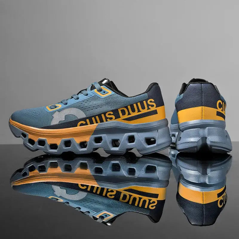 Men's off-road running shoes in blue-gray with orange accents; breathable mesh upper and cushioned outsole pair