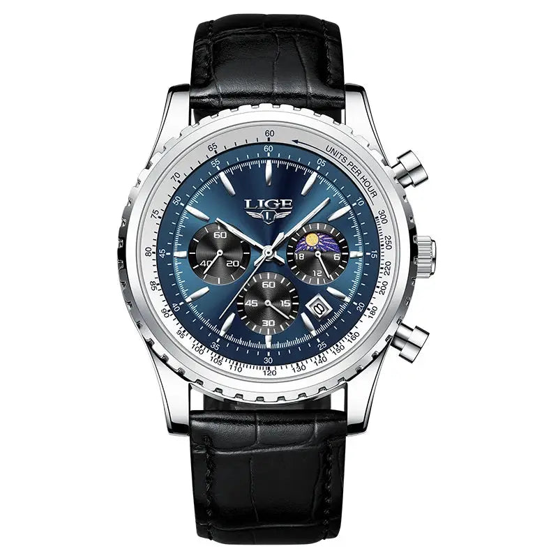 LIGE men's chronograph watch with blue dial, stainless steel case and black leather strap.