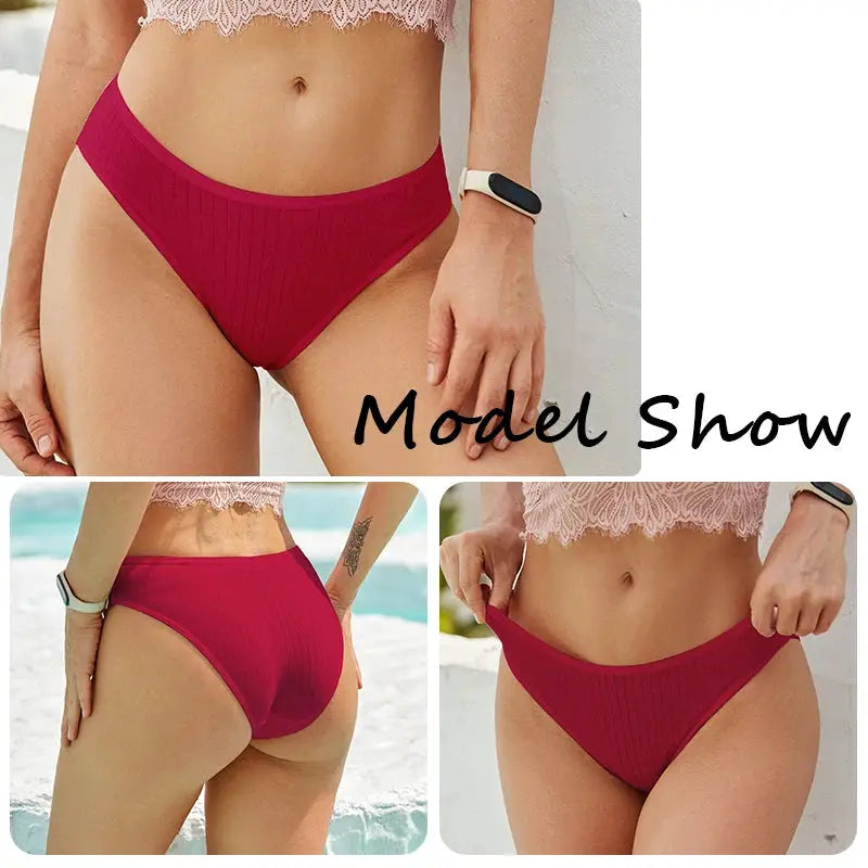 Women's cotton briefs, 4-piece red set with ribbed texture and comfortable stretch, sizes M–XL.