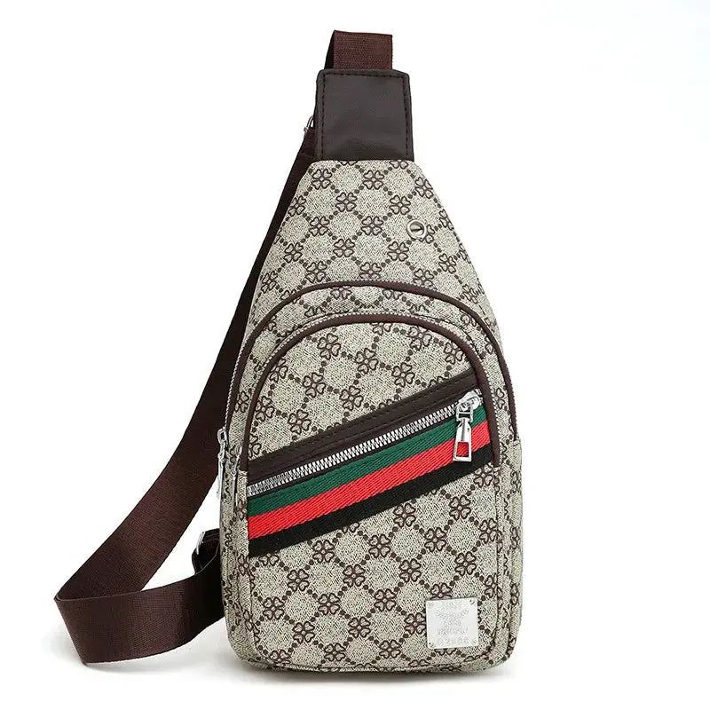 Men's crossbody messenger bag by Simples Market, beige patterned cloth with brown strap and diagonal front zip