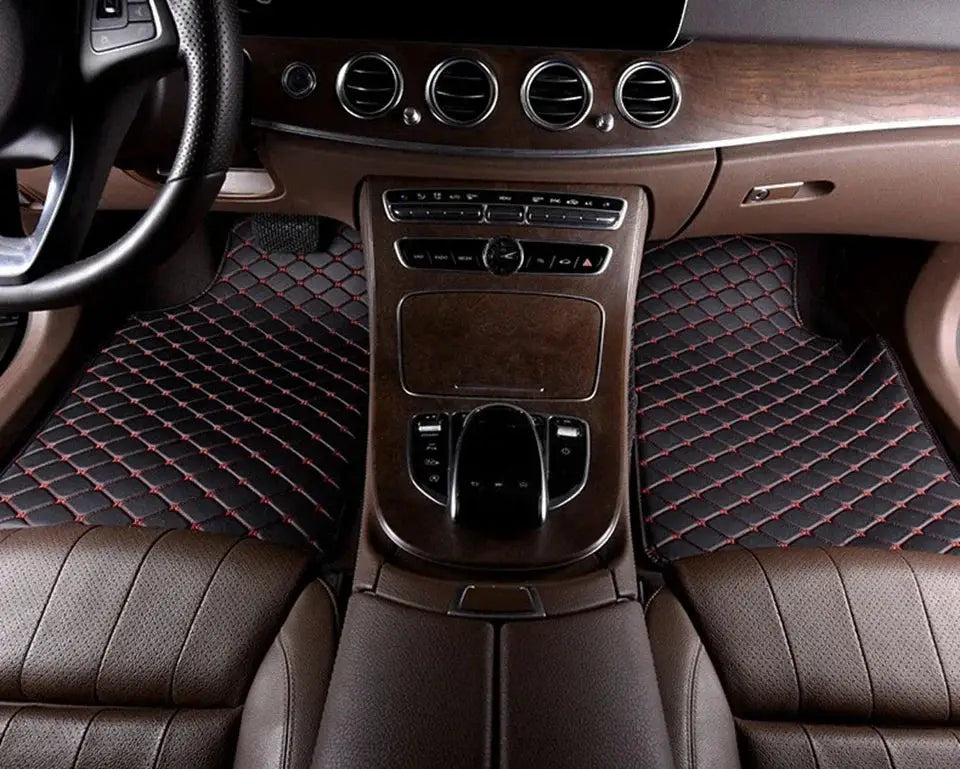 Car floor mats 5pcs universal PU leather waterproof set; black with red diamond stitching, Simples Market.