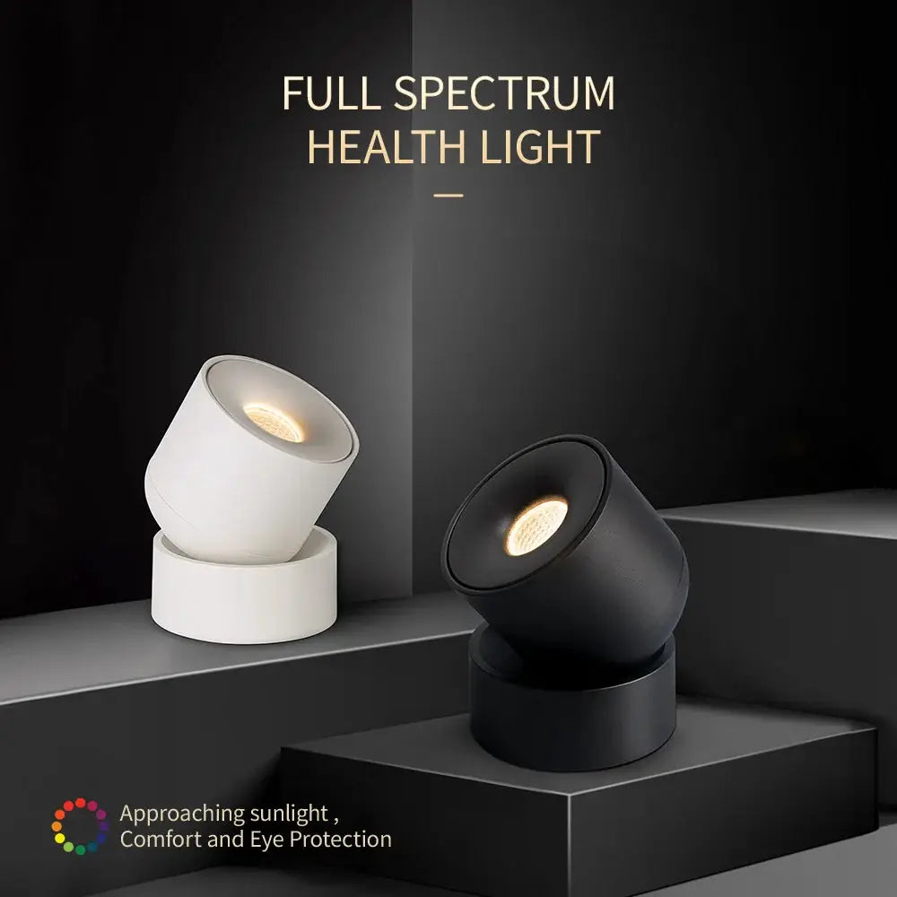 LED ceiling spotlight, 360° rotation COB lamp, white and black surface-mounted pair for indoor lighting.