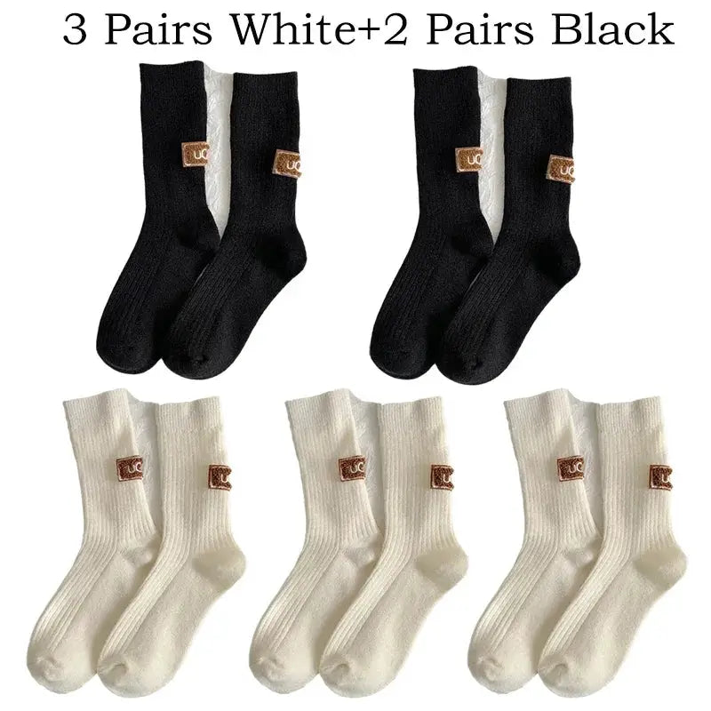 LuxWool Women Luxury Cashmere Wool Mid Calf Socks With Embroidered Logo For Snow Boots Thick Pile Warmth