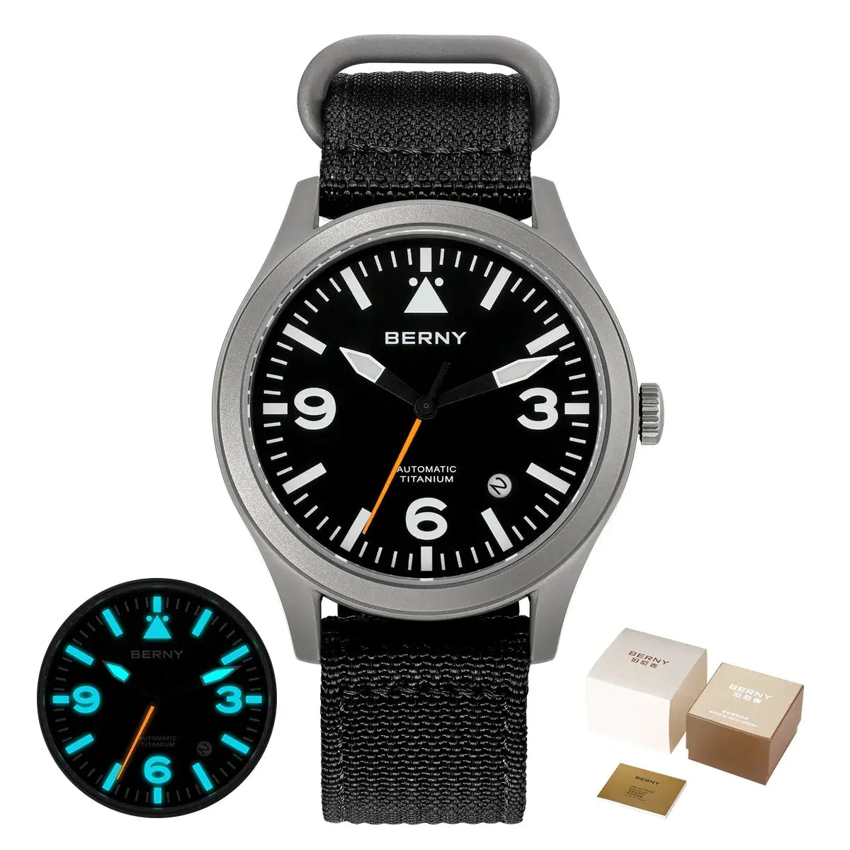 BERNY titanium automatic watch for men with black dial, luminescent hands, and black nylon strap