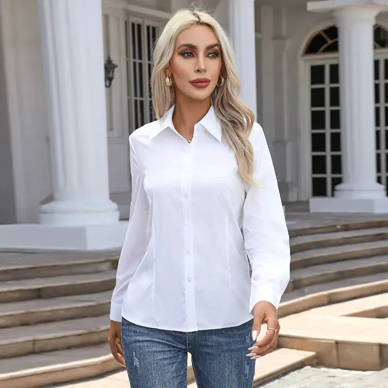 White chiffon button-down shirt for women with long sleeves and turn-down collar