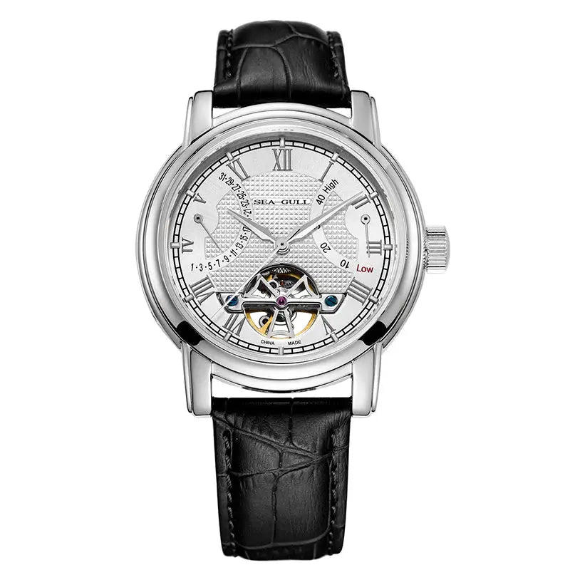 Men's automatic mechanical wristwatch with Sea-Gull movement; silver case, open-heart display, black leather strap
