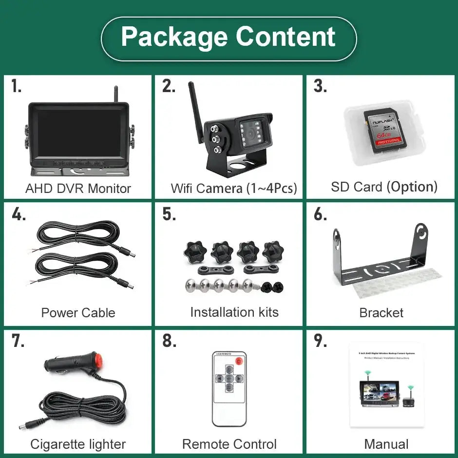 Simples Market GreenYi 7in AHD wireless truck DVR monitor 9-piece package