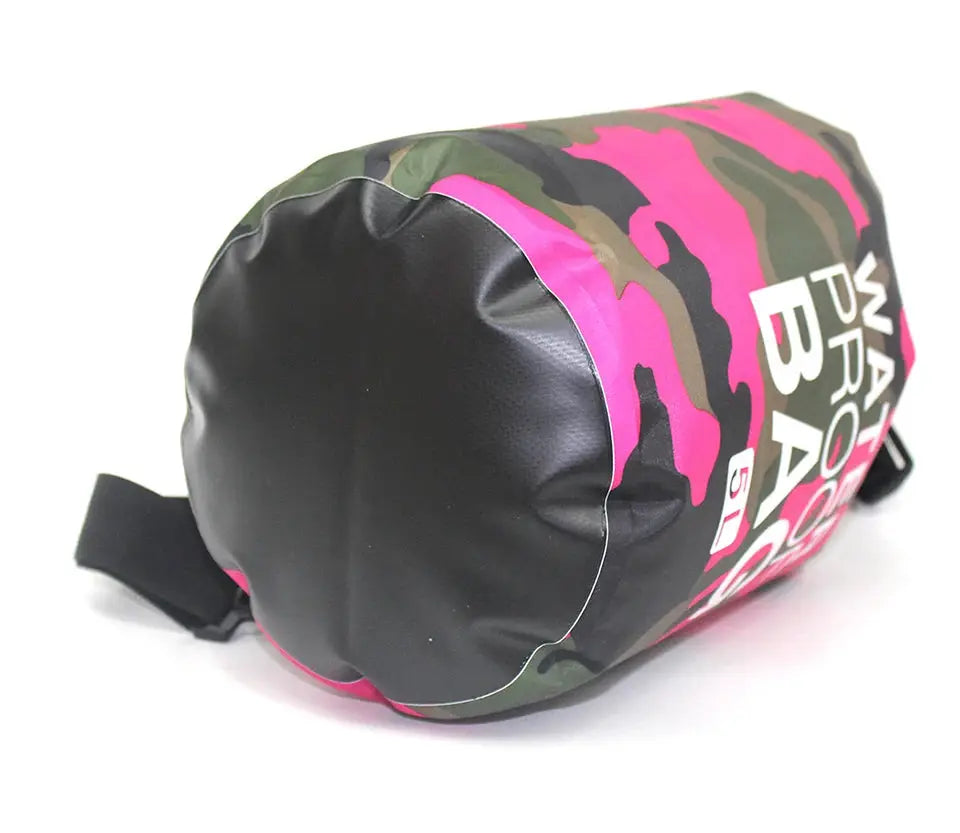 Dry bag waterproof with pink camouflage design and black base, roll-top closure and carry strap