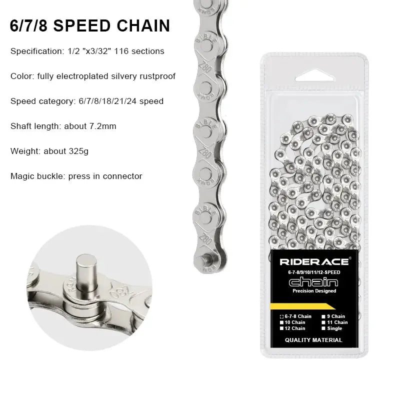 RIDERACE Ultralight Bicycle Chain 116 Links 8 to 12 Speed Silver for Mountain and Road Bikes 24 27 30 Speed Drivetrains